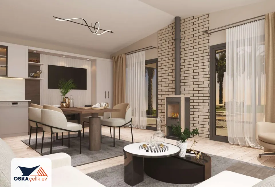Salon ve yemek alanı render görseli: ahşap yemek masası ve kumaş sandalyeler, tuğla duvar önünde bacalı soba, solda TV ünitesi ve mutfak dolapları, cam kapılar, ön planda yuvarlak orta sehpa.